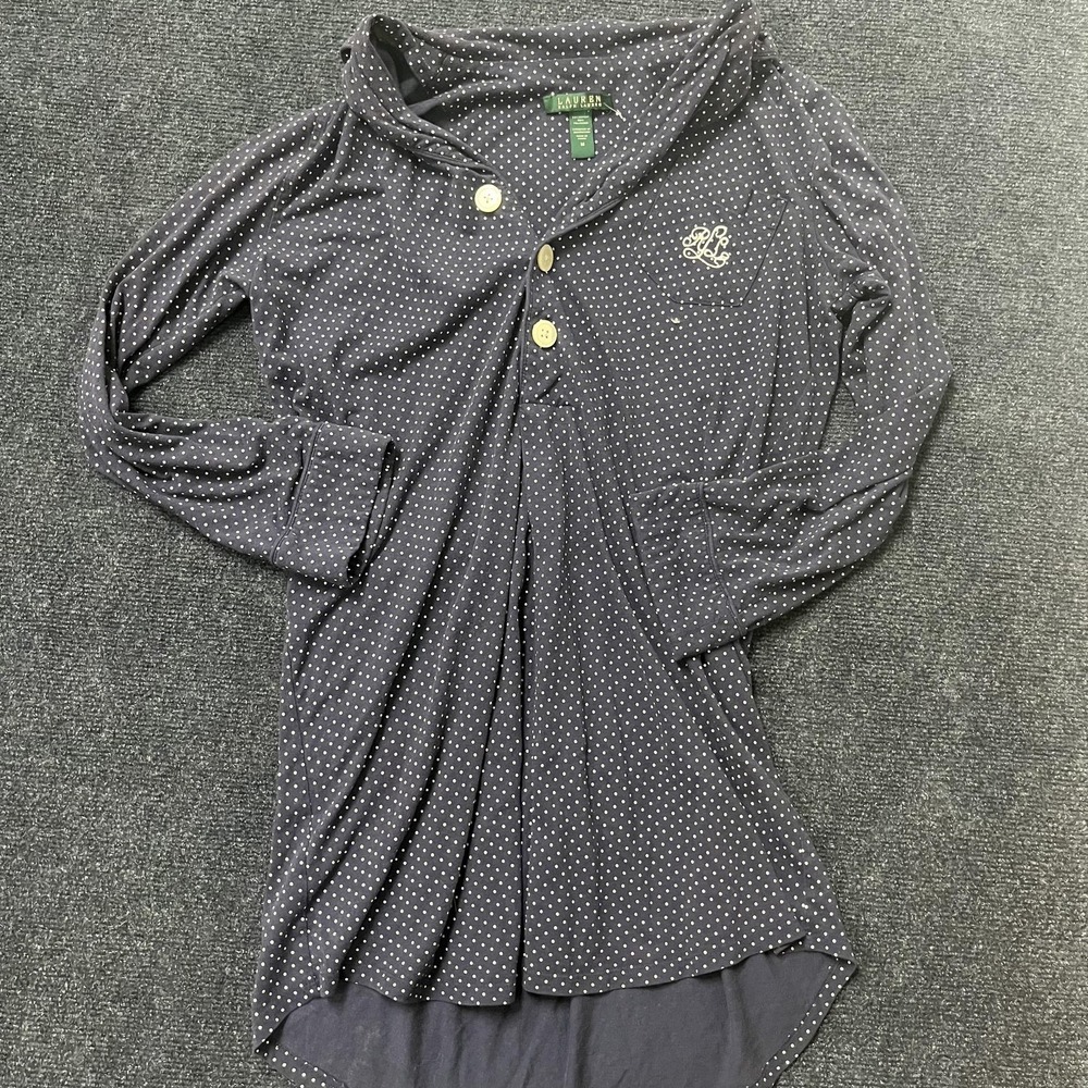 Lauren Ralph Lauren Shirt Womens Medium Navy Polka Dot Henley Tunic‎ Long Sleeve
